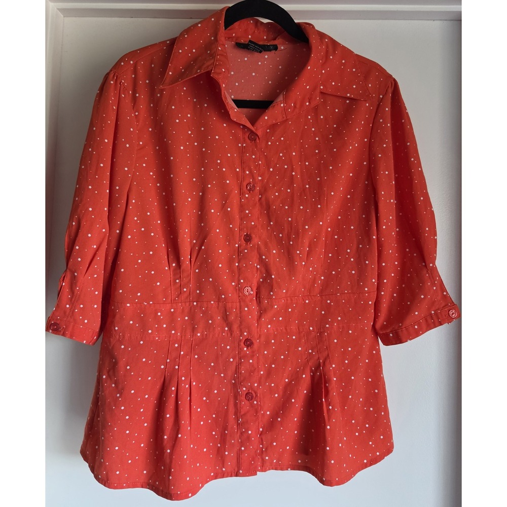 Ninety Blouse Women L Red White Polka Dot Collared 3/4 Sleeve Button-Up Top